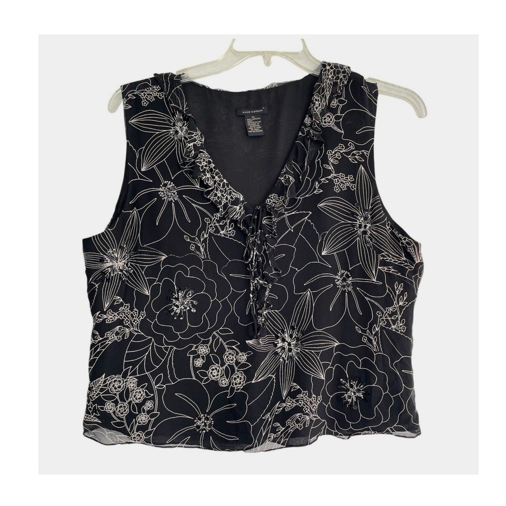 ANNE CARSON Women Blouse XL Black Floral Sleeveless Ruffle Tie V Neck Silk Top